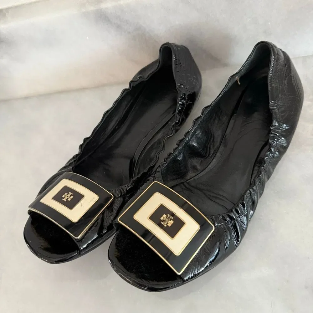 Tory Burch Leather Logo Square Peep Toe Slip-on Ballet Flats Black Size 7.5